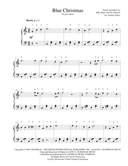 Blue Christmas For Easy Piano Sheet Music