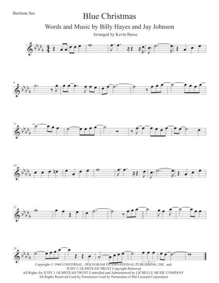 Blue Christmas Original Key Bari Sax Sheet Music