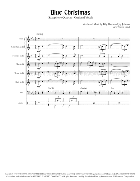 Blue Christmas Sax Quartet Optional Vocal Solo Sheet Music