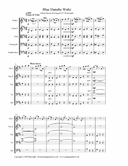 Blue Danube By Johann Strauss Ii Arranged For String Quartet With Score Parts With Rehearsal Letters And Mp3 Sheet Music