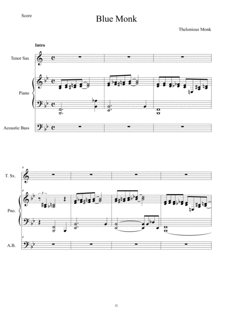 Blue Monk Score And Individual Parts Tenor Sax Piano Bass Sheet Music