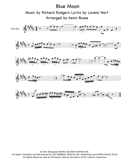 Free Sheet Music Blue Moon Alto Sax Sax Solo