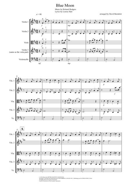 Blue Moon For String Quartet Sheet Music