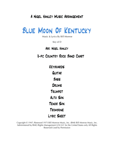 Blue Moon Of Kentucky Country Rock 8pc Band Chart In D Sheet Music