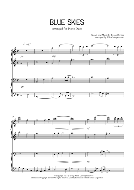 Blue Skies Piano Duet Sheet Music