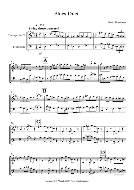 Free Sheet Music Blues Duet For Trumpet In Bb And Trombone