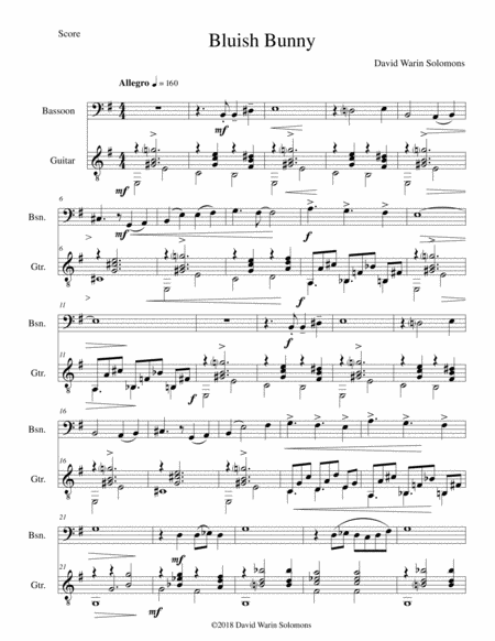 Free Sheet Music Bluish Bunny For Bassoon And Guitar