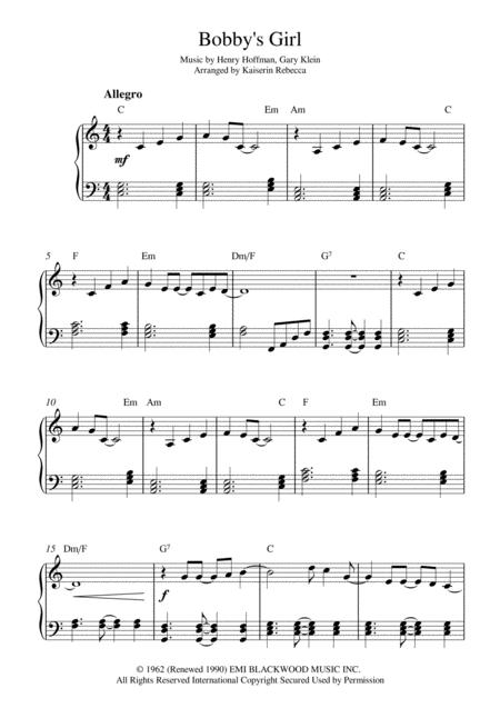 Free Sheet Music Bobby Girl Piano Solo With Chords