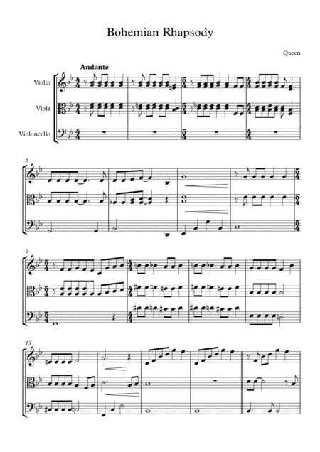 Bohemian Rhapsody By Queen Arranged For String Trio Violin Viola And Cello Sheet Music