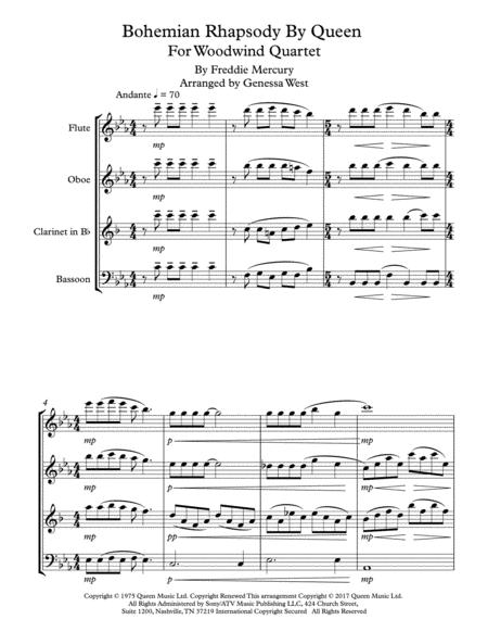 Bohemian Rhapsody By Queen For Woodwind Quartet Sheet Music