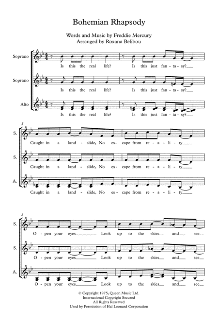 Bohemian Rhapsody By Queen Ssa A Cappella Short Version Sheet Music