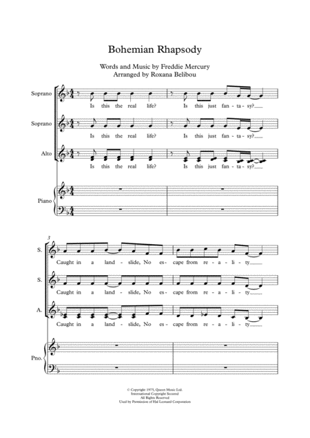 Bohemian Rhapsody By Queen Ssa Piano Short Version Sheet Music