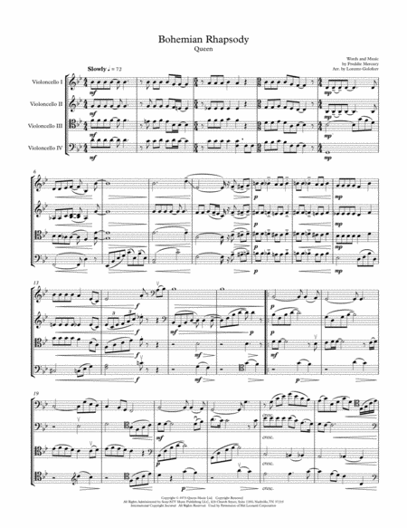 Bohemian Rhapsody Cello Quartet Sheet Music