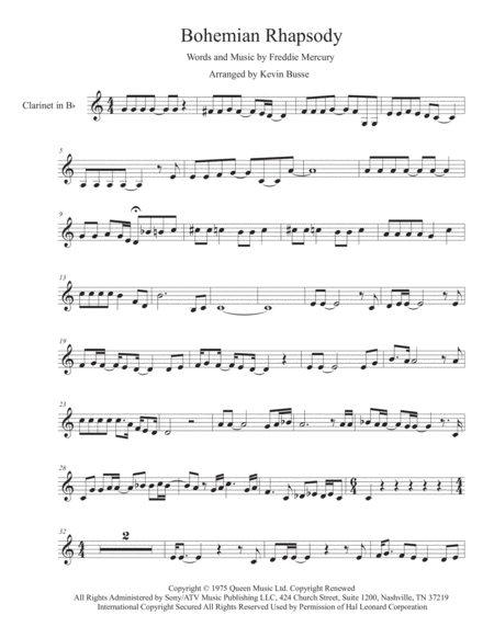 Free Sheet Music Bohemian Rhapsody Easy Key Of C Clarinet