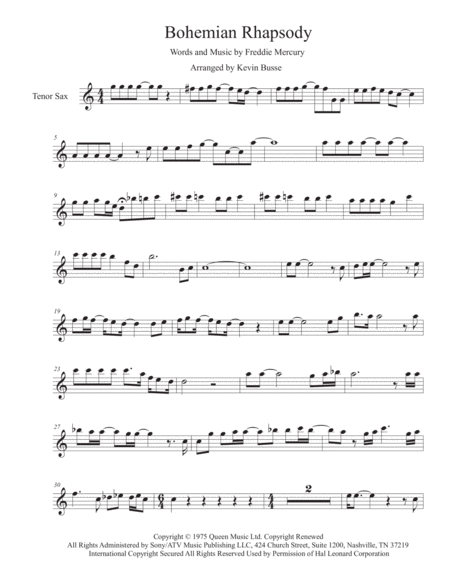 Bohemian Rhapsody Easy Key Of C Tenor Saxophone Sheet Music