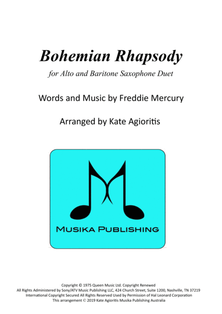 Bohemian Rhapsody For Alto And Baritone Saxophone Duet Sheet Music