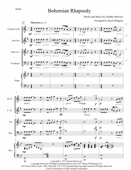 Bohemian Rhapsody For Chamber Ensemble Sheet Music