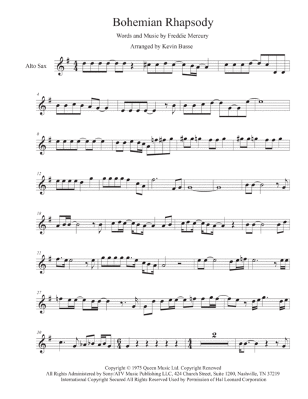 Bohemian Rhapsody Original Key Alto Sax Sheet Music