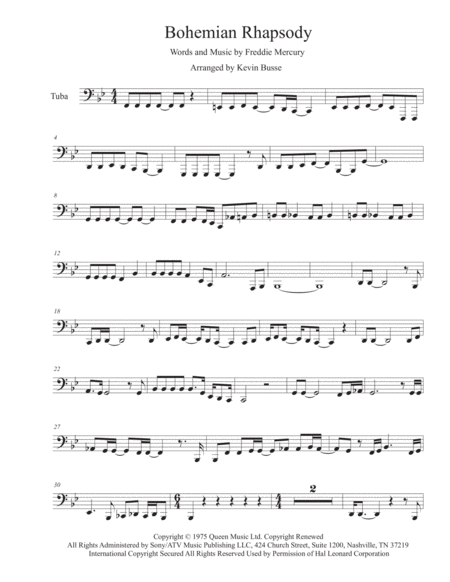 Free Sheet Music Bohemian Rhapsody Original Key Tuba