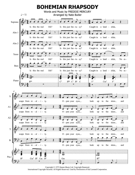 Bohemian Rhapsody Satb Piano Score Sheet Music