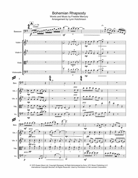 Free Sheet Music Bohemian Rhapsody String Quartet Bassoon Piano Voice