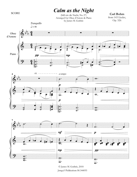 Free Sheet Music Bohm Calm As The Night For Oboe D Amore Piano