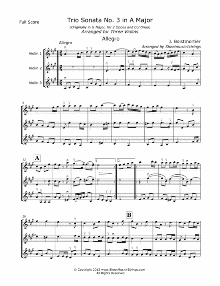 Boismortier J Sonata No 3 Mvt 1 For Three Violins Sheet Music