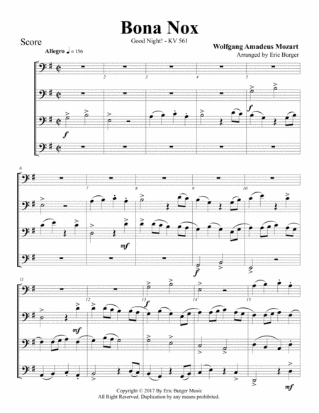 Free Sheet Music Bona Nox For Trombone Or Low Brass Quartet