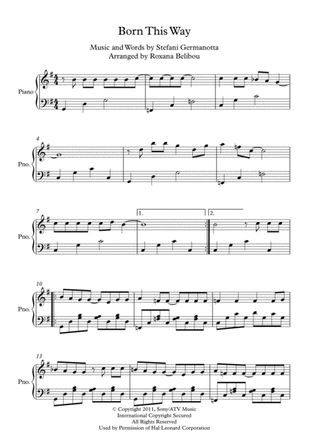 Born This Way G Major By Lady Gaga Piano Sheet Music