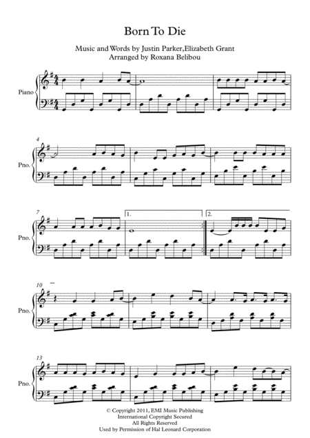 Born To Die By Lana Del Rey Piano Sheet Music