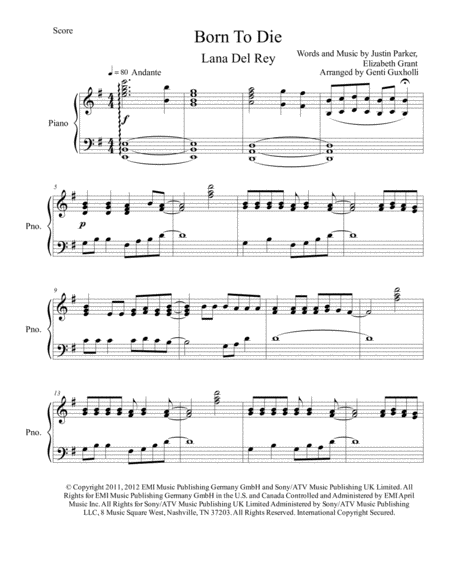 Born To Die Piano Solo Sheet Music