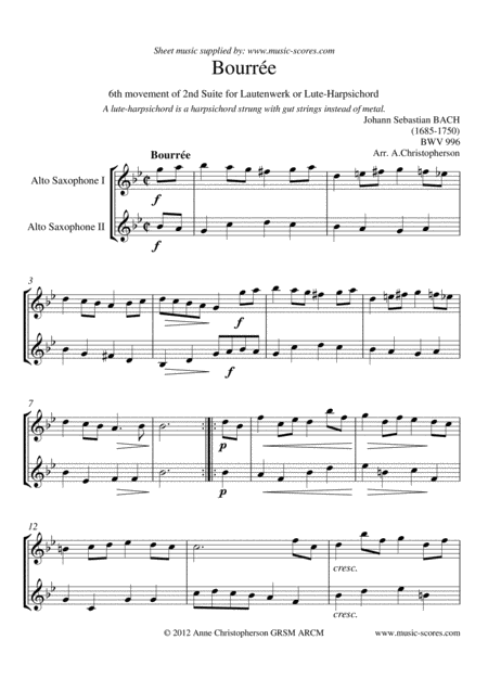 Bourre 6th Movement Of 2nd Suite Bwv 996 2 Alto Saxophones Sheet Music