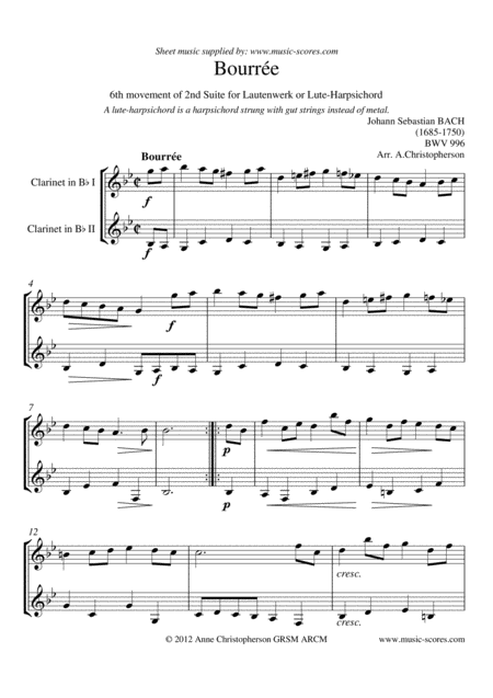Free Sheet Music Bourre 6th Movement Of 2nd Suite For Lautenwerk Or Lute Harpsichord 2 Clarinets In Bb