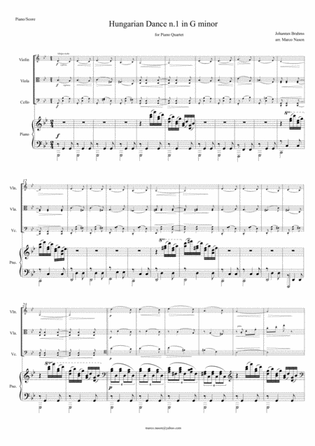 Brahms Hungarian Dance N 1 In G Minor For Piano Quartet Sheet Music