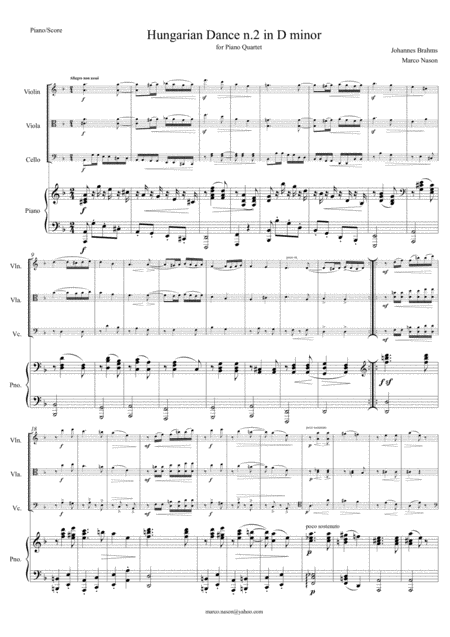 Free Sheet Music Brahms Hungarian Dance N 2 In D Minor For Piano Quartet