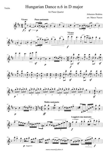 Free Sheet Music Brahms Hungarian Dance N 6 In D Major For Piano Quartet