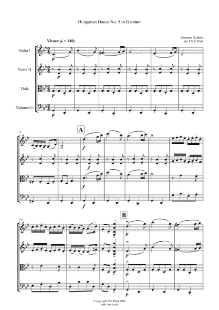 Brahms Hungarian Dance No 5 In G Minor For String Quartet Score And Parts Sheet Music