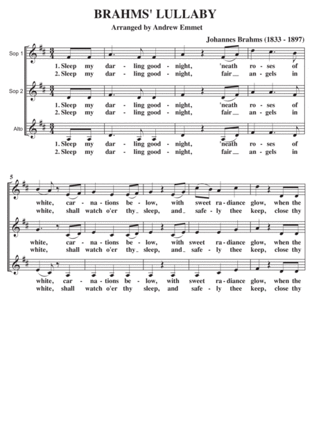 Brahms Lullaby A Cappella Ssa Sheet Music