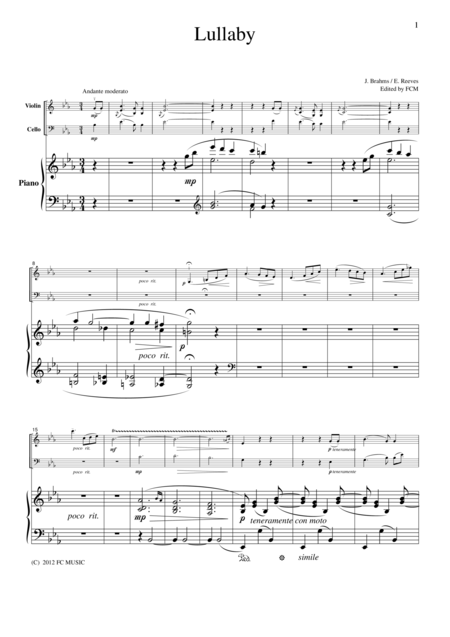 Free Sheet Music Brahms Lullaby For Piano Trio Pb102