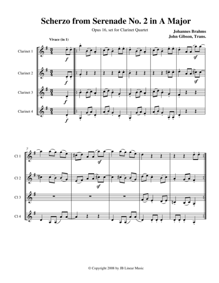 Brahms Scherzo From Serenade 2 For Clarinet Quartet Sheet Music