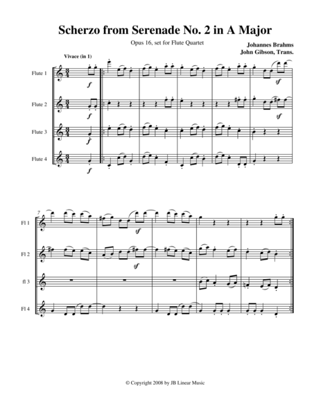 Brahms Scherzo From Serenade 2 For Flute Quartet Sheet Music