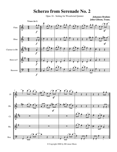 Brahms Scherzo From Serenade 2 For Woodwind Quintet Sheet Music