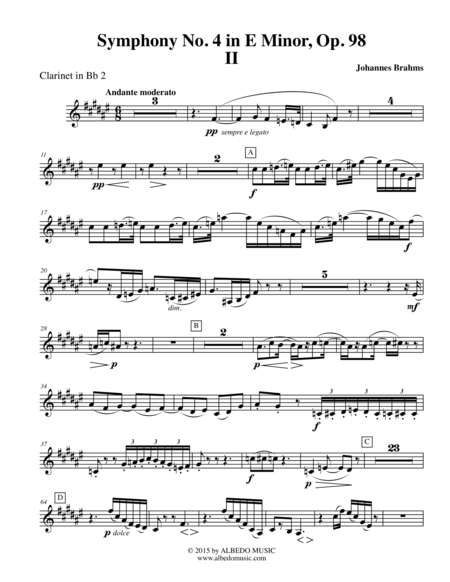 Free Sheet Music Brahms Symphony No 4 Movement Ii Clarinet In Bb 2 Transposed Part Op 98