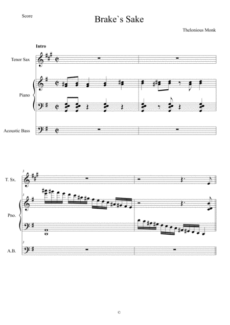 Free Sheet Music Brakes Sake Score And Individual Parts Tenor Sax Piano Bass