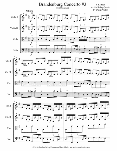 Brandenburg Concerto 3 1st Mvt For String Quartet Sheet Music