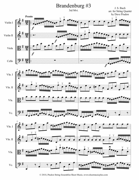 Free Sheet Music Brandenburg Concerto 3 3rd Mvt For String Quartet