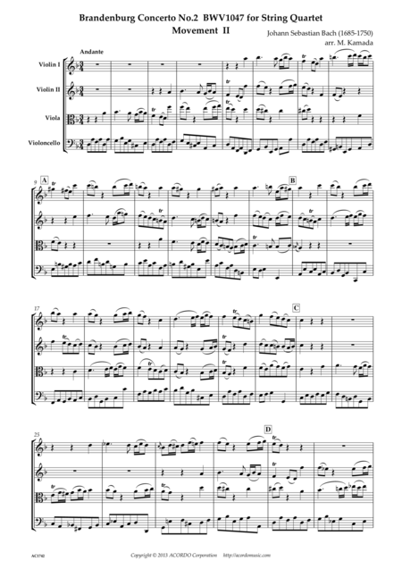 Brandenburg Concerto No 2 Bwv1047 Movement Ii For String Quartet Sheet Music