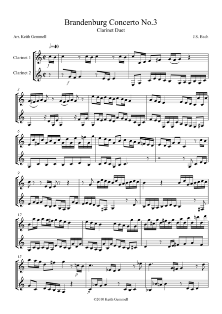 Brandenburg Concerto No 3 Clarinet Duet Sheet Music