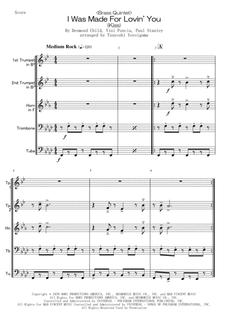 Brass Quintet I Was Made For Lovin You Kiss Sheet Music