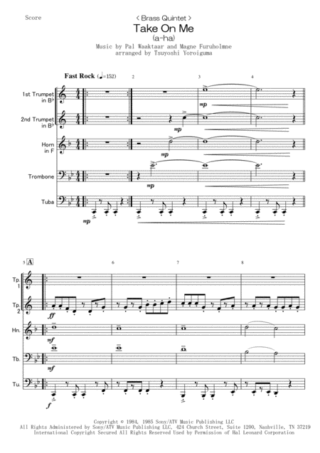 Brass Quintet Take On Me A Ha Sheet Music